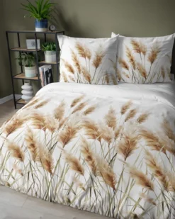 Komplet pościeli z satyny bawełnianej białej 160x200 w kłosy traw pampasowych Home Satin