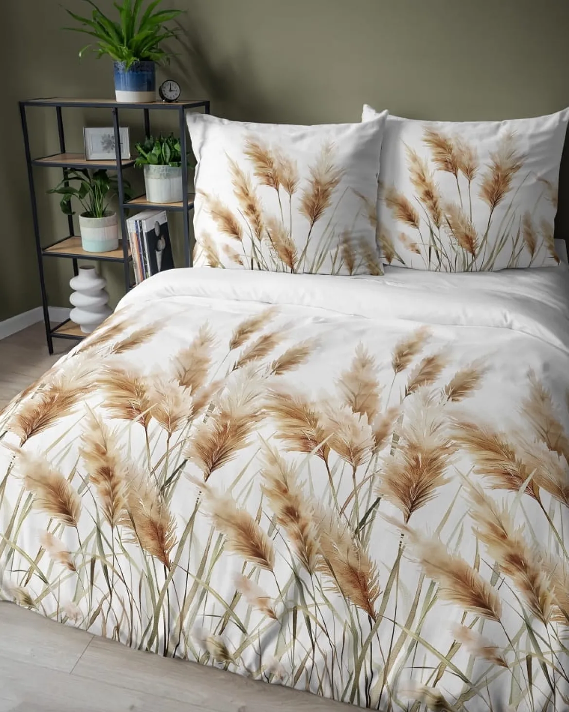 Komplet pościeli z satyny bawełnianej białej 160x200 w kłosy traw pampasowych Home Satin