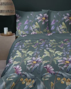 Komplet pościeli z satyny bawełnianej petrol 160x200 w botaniczne kwiaty Home Satin