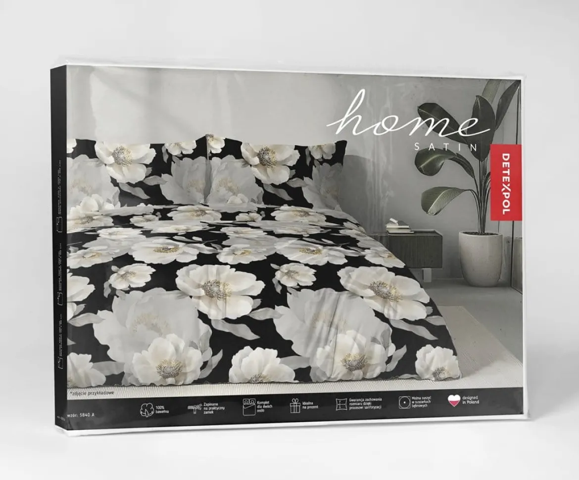 Komplet pościeli z satyny bawełnianej czarnej 220x200 w duże pełne kwiaty Home Satin