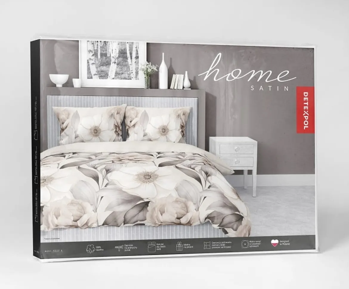 Komplet pościeli z satyny bawełnianej beżowo brązowej 160x200 w kwiaty