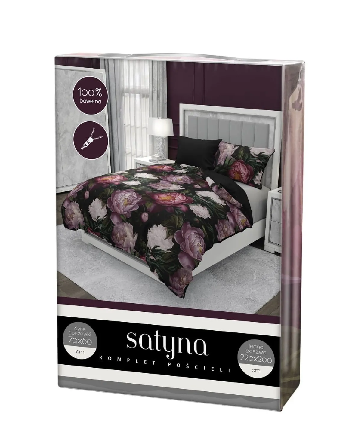 Pościel bawełna satynowa czarna 220x200 w piwonie