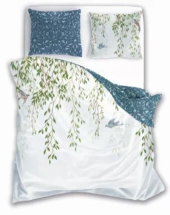 Pościel bawełniana biała Trendy 220x200 liście i ptaki