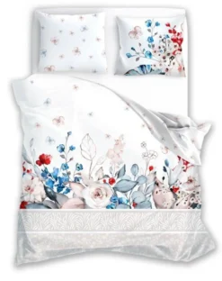Pościel bawełniana biała Trendy 220x200 w kwiaty i motyle