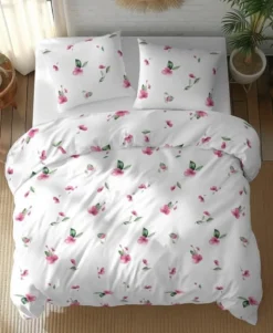 Pościel bawełniana biała 100% 220x200 w drobne różowe kwiatuszki