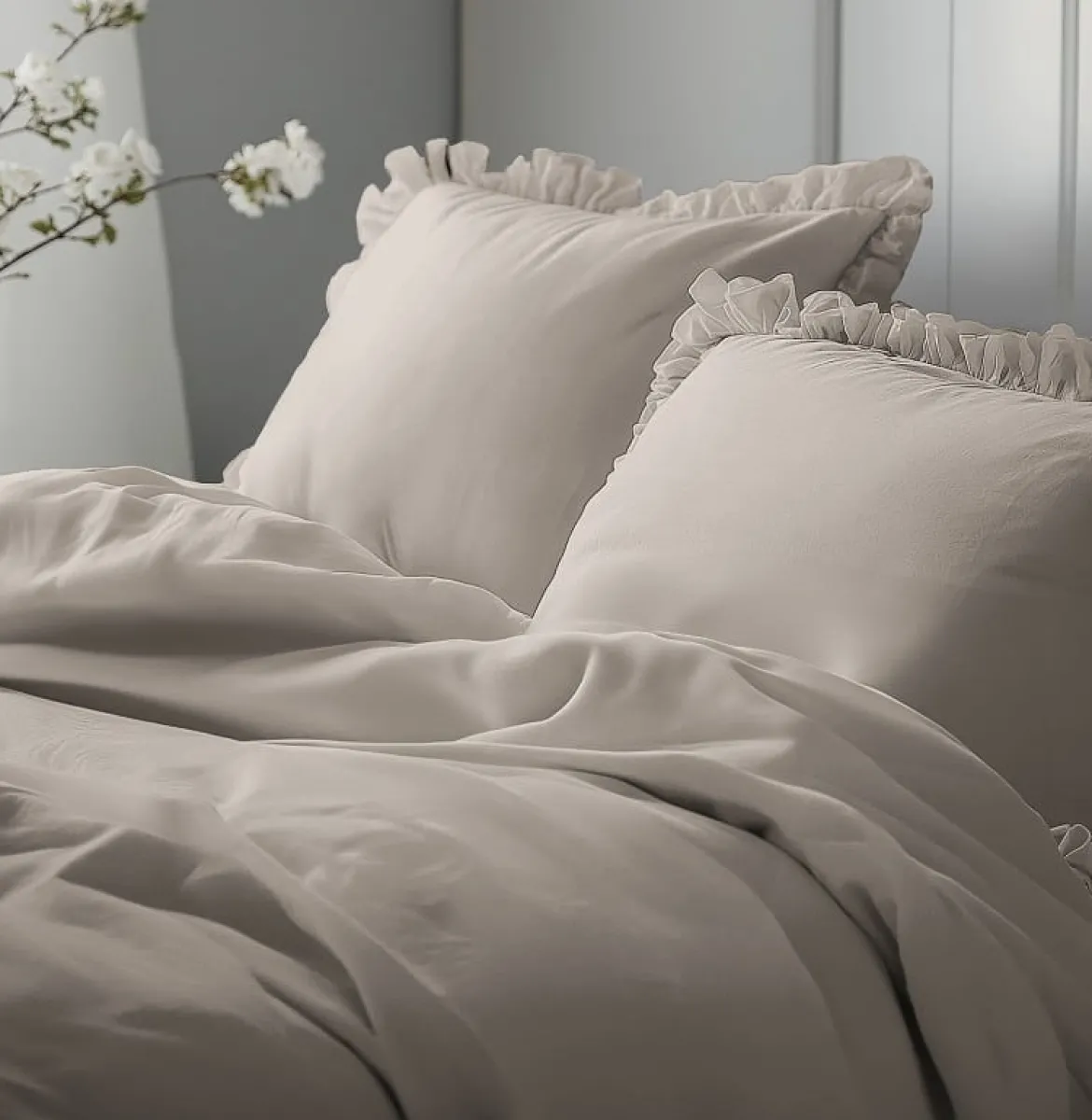 Pościel bawełniana Boho 160x200 Taupe z falbaną