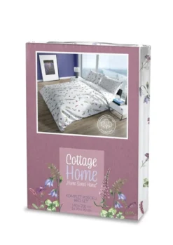 Pościel bawełniana Cottage biała 220x200 w różowe i fioletowe kwiaty