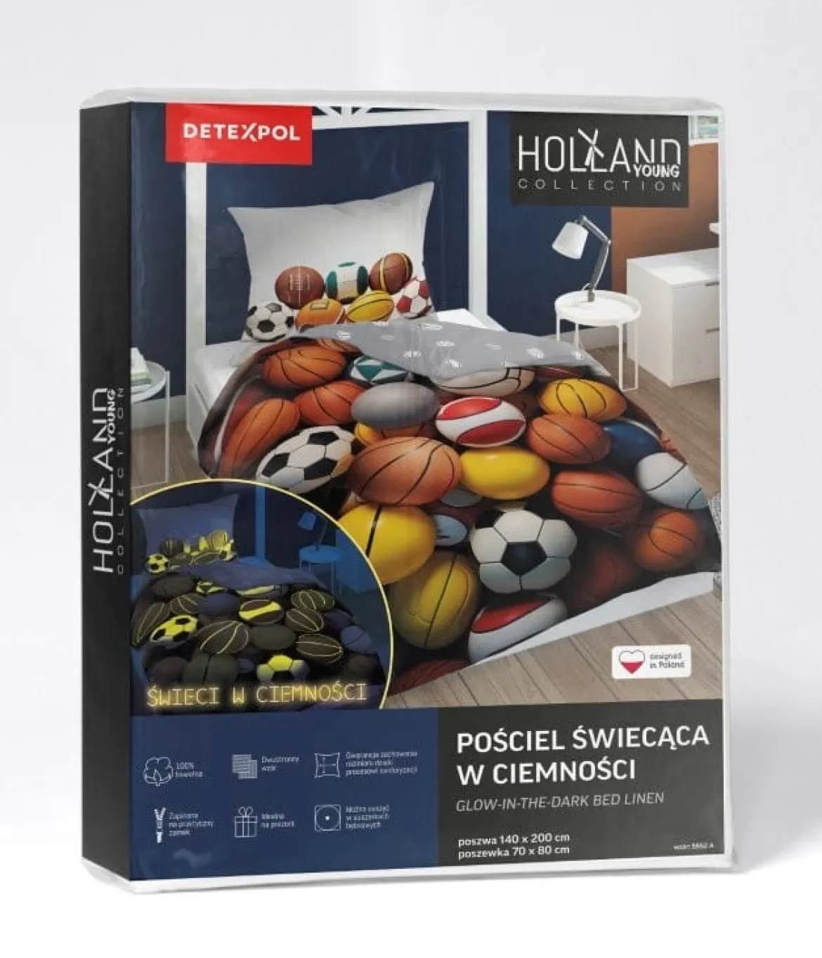 Pościel bawełniana dziecięca świecąca 140x200 Piłka Sportowe