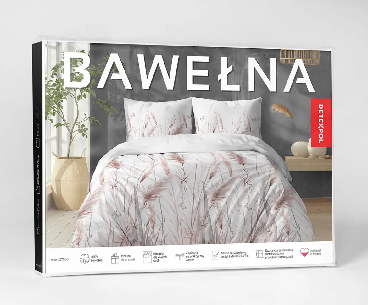 Pościel bawełniana 100% 160x200 motyw pudrowo różowych traw i kłosów