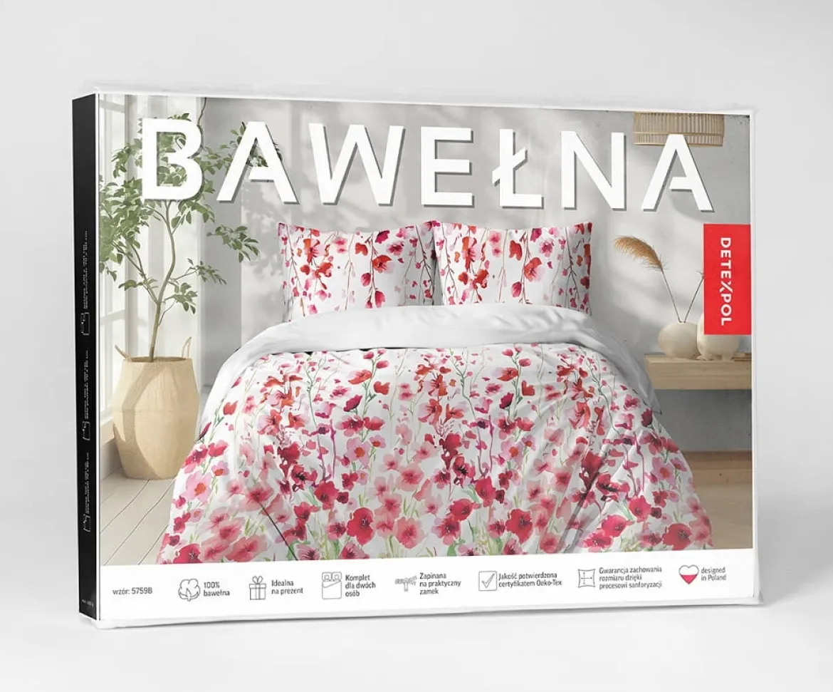 Pościel bawełniana 100% 180x200 w czerwone i różowe kwiaty