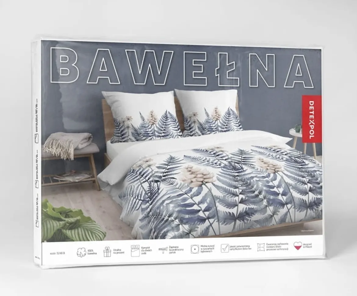 Pościel bawełniana 100% 160x200 w niebieskie paprocie i łubiny
