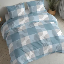 Pościel flanelowa błękitno biała 220x200 krata i okręgi