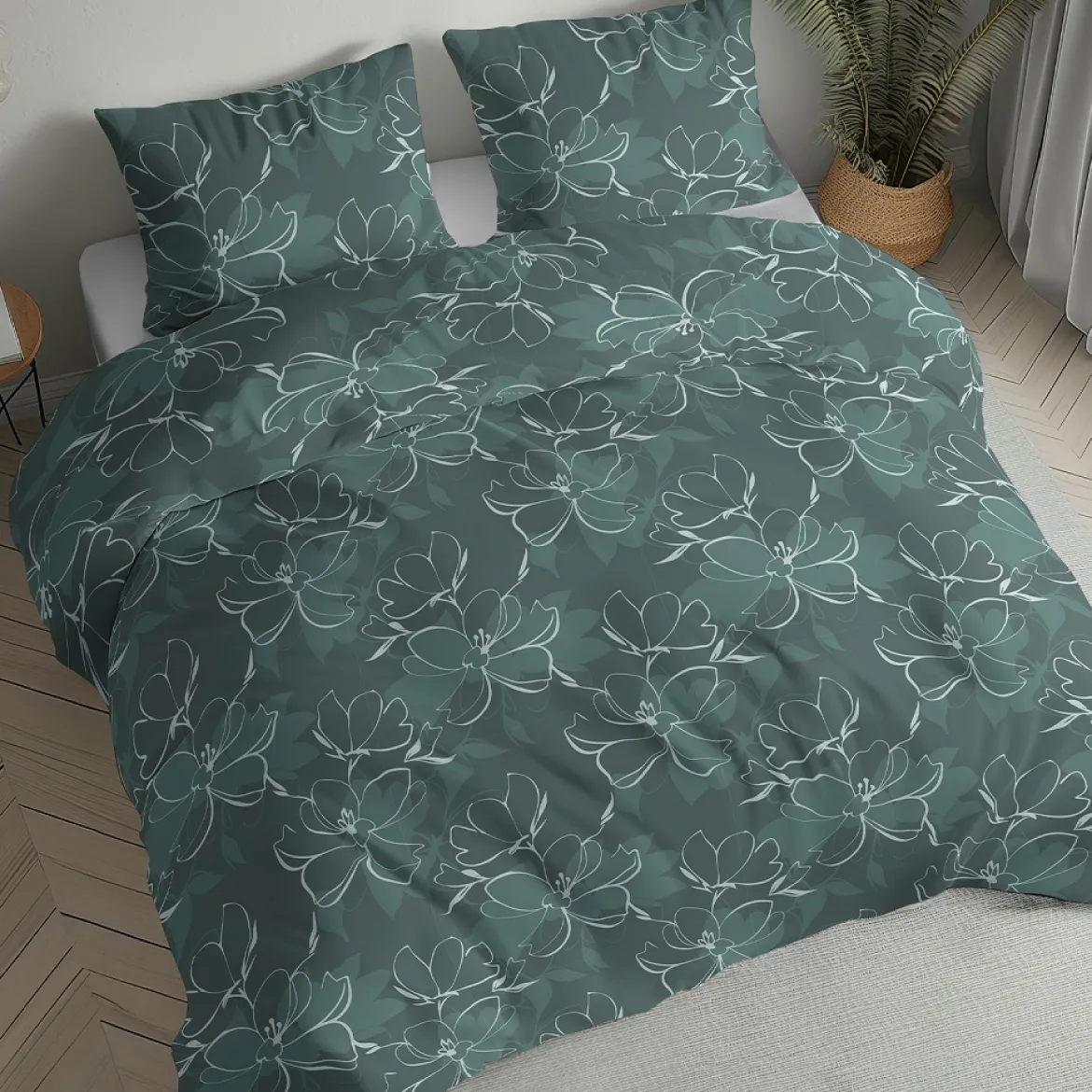 Pościel flanelowa butelkowa zieleń 220x200 kwiaty