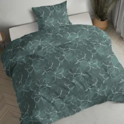 Pościel flanelowa butelkowa zieleń 140x200 kwiaty