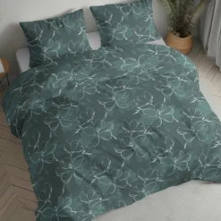 Pościel flanelowa butelkowa zieleń 160x200 kwiaty