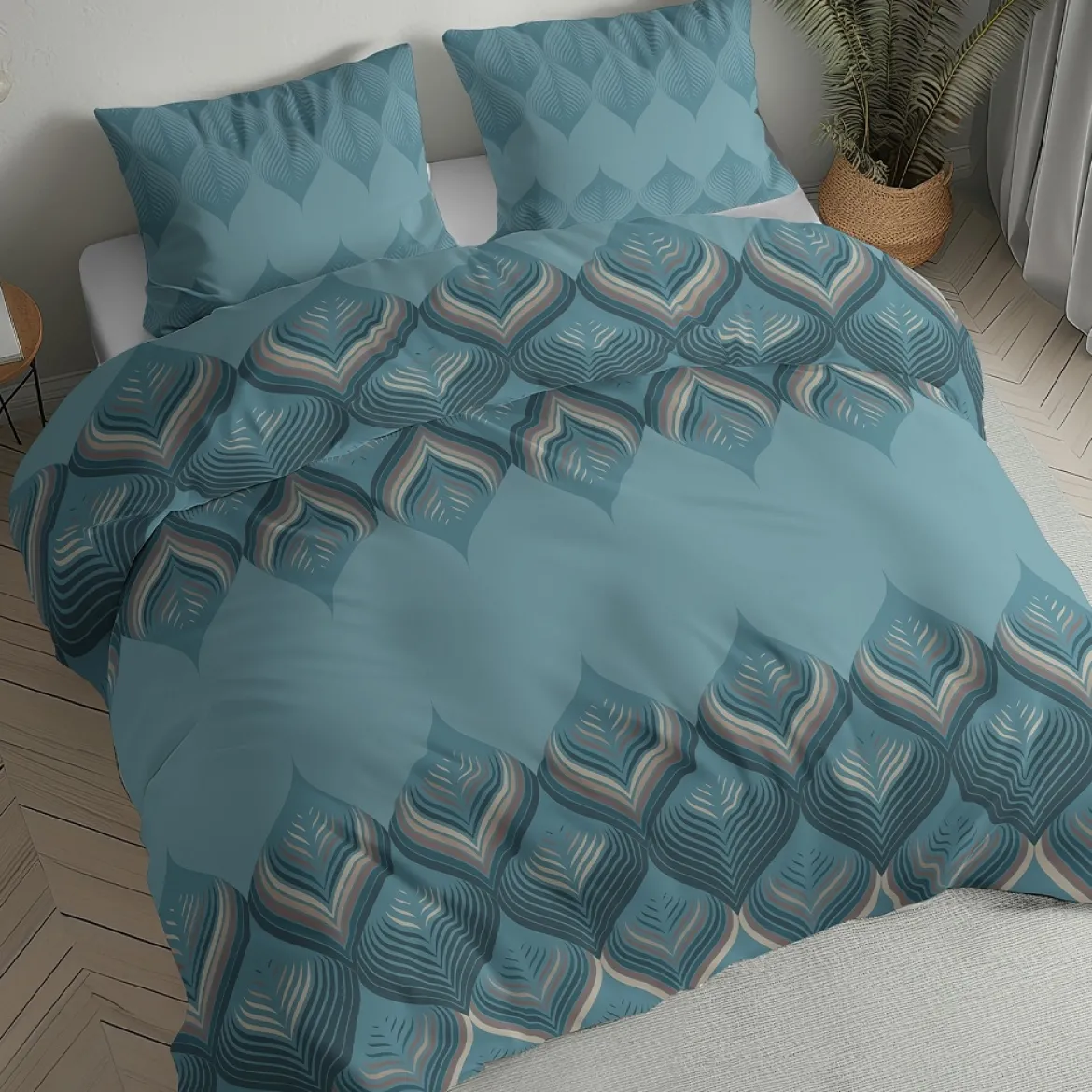 Pościel flanelowa turkusowa 220x200 w geometryczne liście