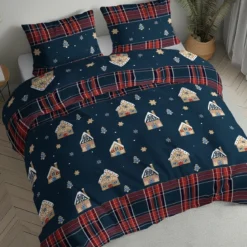Pościel flanelowa świąteczna granatowa 160x200 piernikowe domki