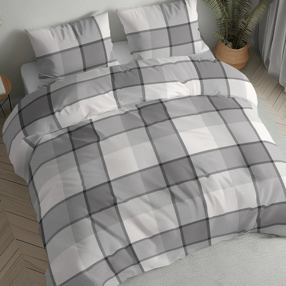 Pościel flanelowa w odcieniach szarości 160x200 krata