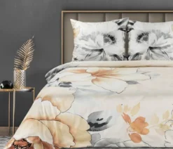 Pościel makosatyna bawełniana kremowo beżowa w kwiaty 220x200 Premium