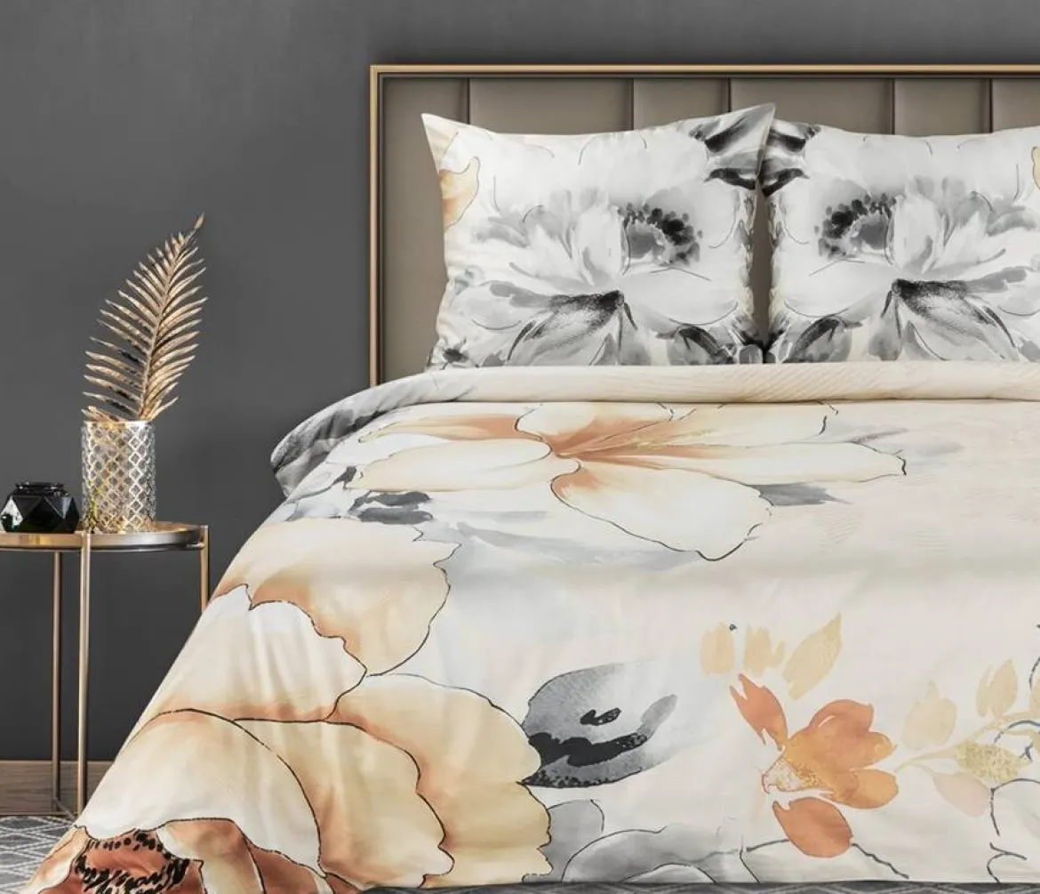Pościel makosatyna bawełniana kremowo beżowa w kwiaty 220x200 Premium
