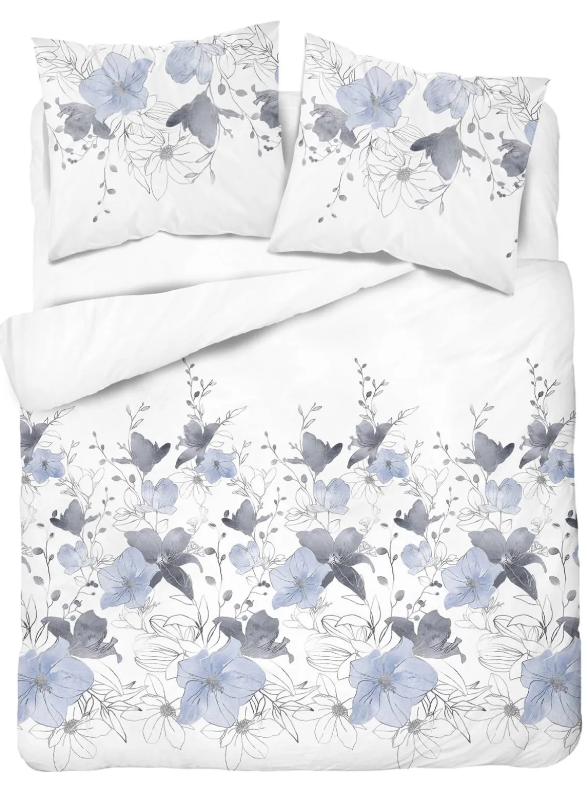 Pościel satyna bawełniana biała Home Satin 220x200 w błękitno popielate kwiaty