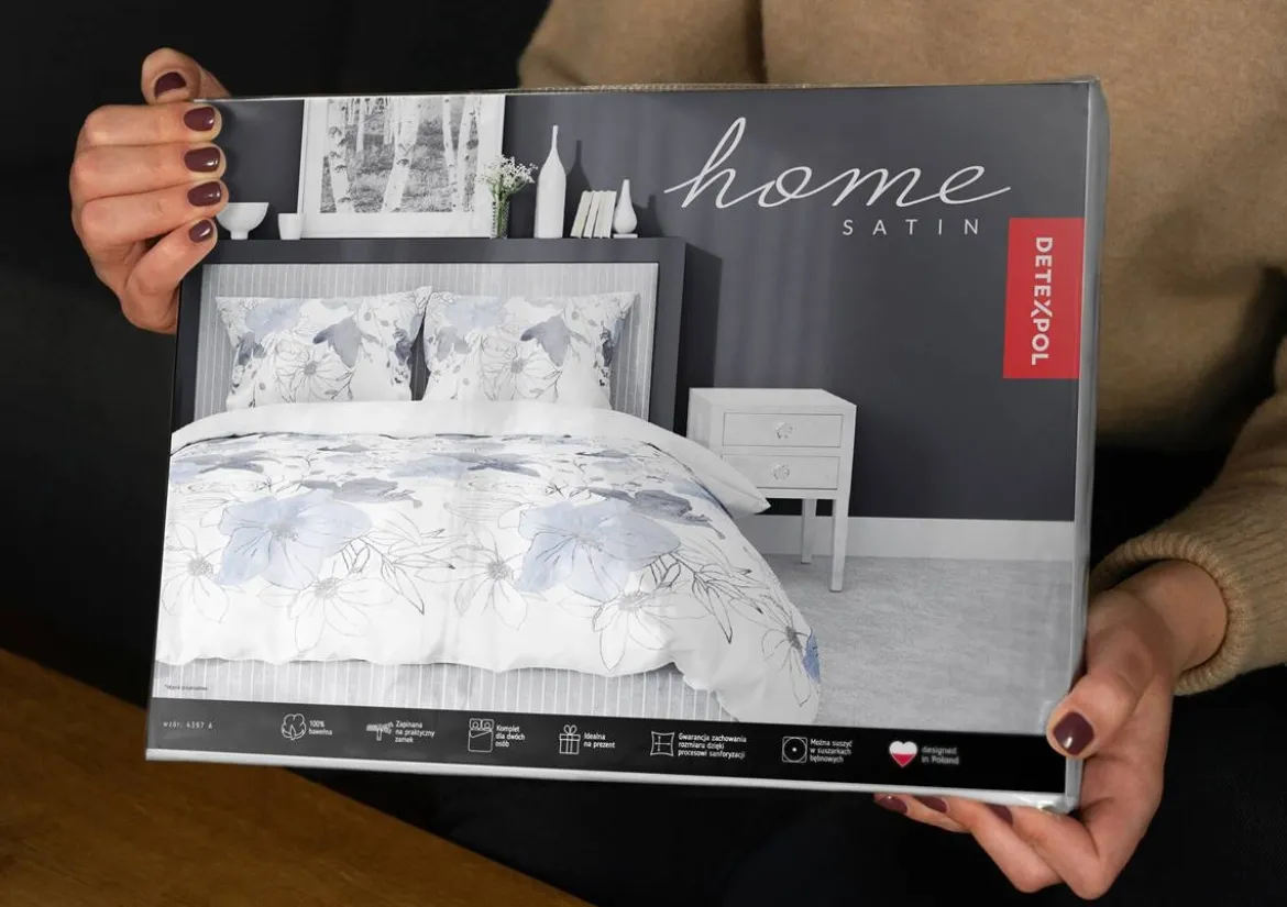 Pościel satyna bawełniana biała Home Satin 220x200 w błękitno popielate kwiaty