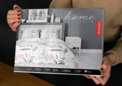 Pościel satyna bawełniana biała Home Satin 220x200 w kwiaty i liście