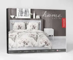 Pościel satyna bawełniana jasno kremowa 220x200 w beżowo różowe irysy Home Satin