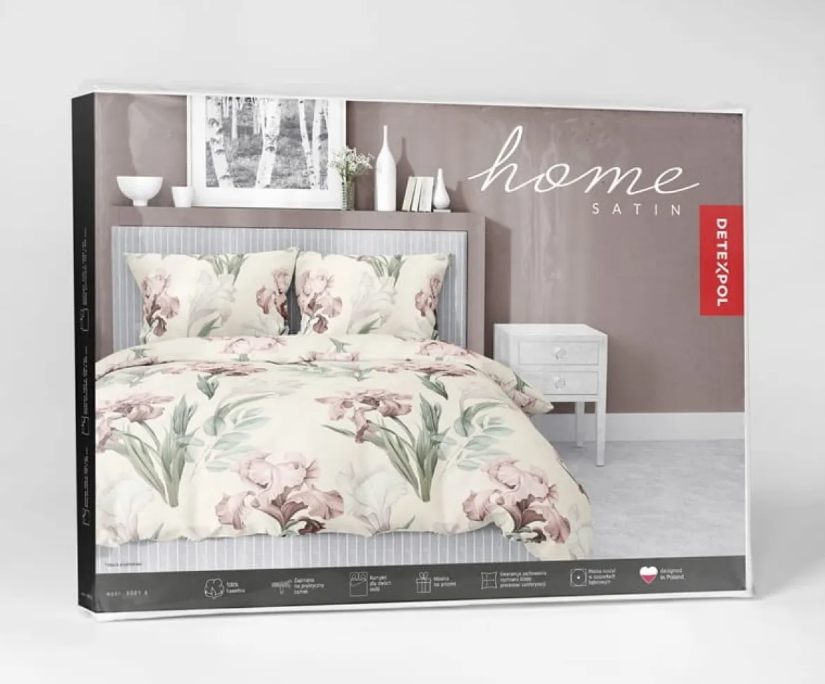 Pościel satyna bawełniana kremowa 220x200 w różowe irysy Home Satin