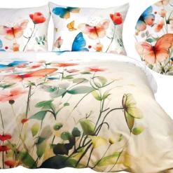 Pościel z bawełny satynowej Satynlove 160x200 w kwiaty i motyle
