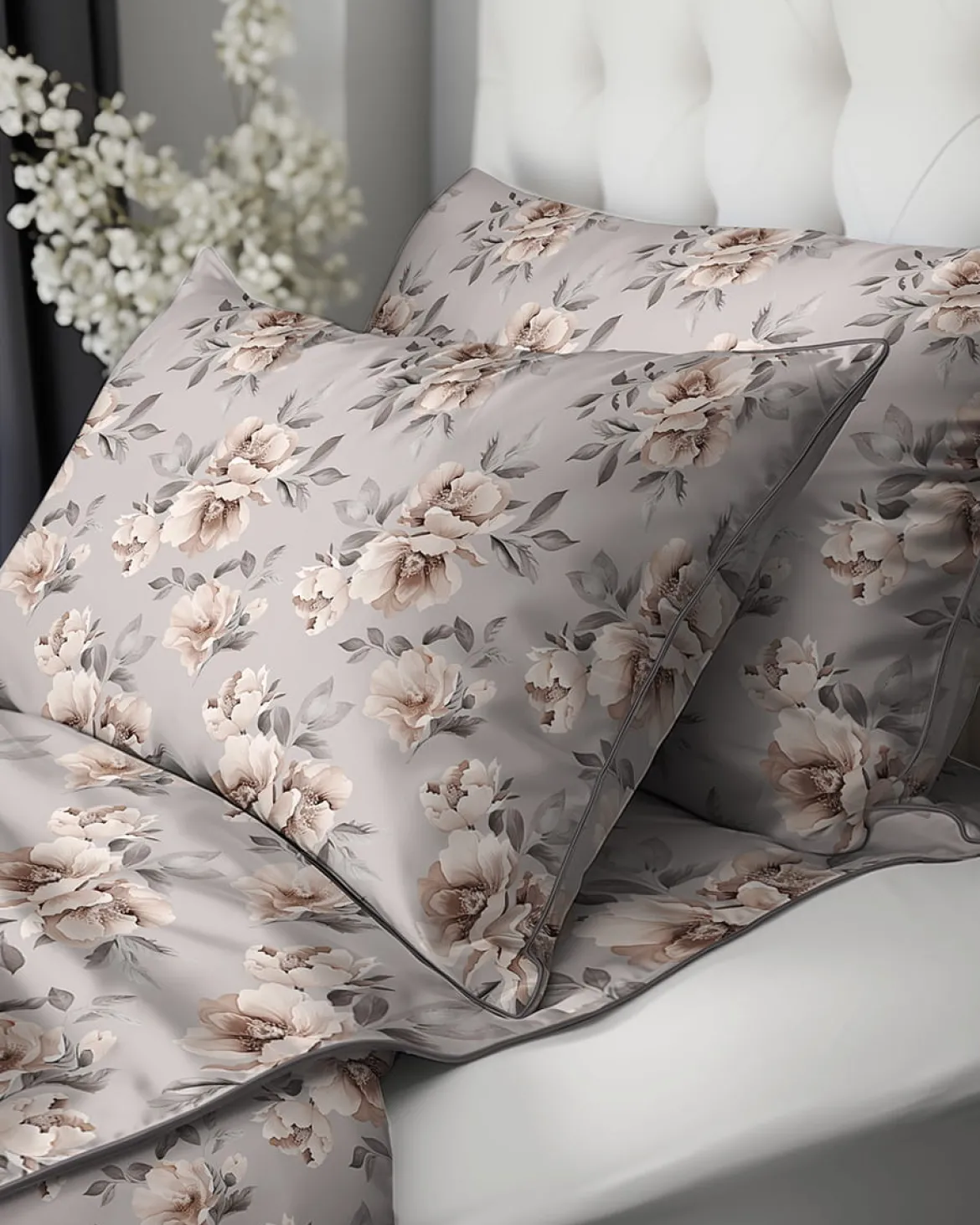 Pościel z perkalu popielata 220x200 Beżowe Kwiaty Peonii Lame Percale