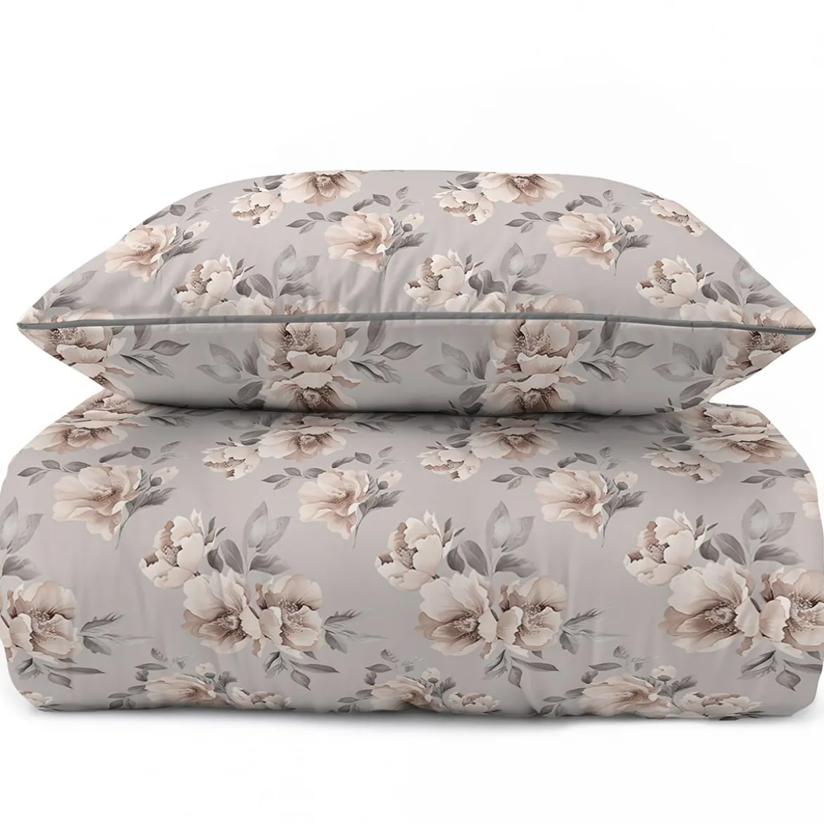 Pościel z perkalu popielata 220x200 Beżowe Kwiaty Peonii Lame Percale