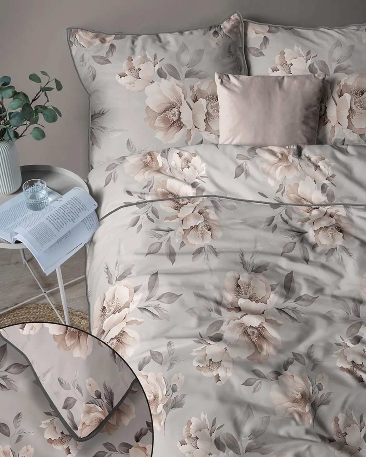 Pościel z perkalu popielata 220x200 Beżowe Kwiaty Peonii Lame Percale