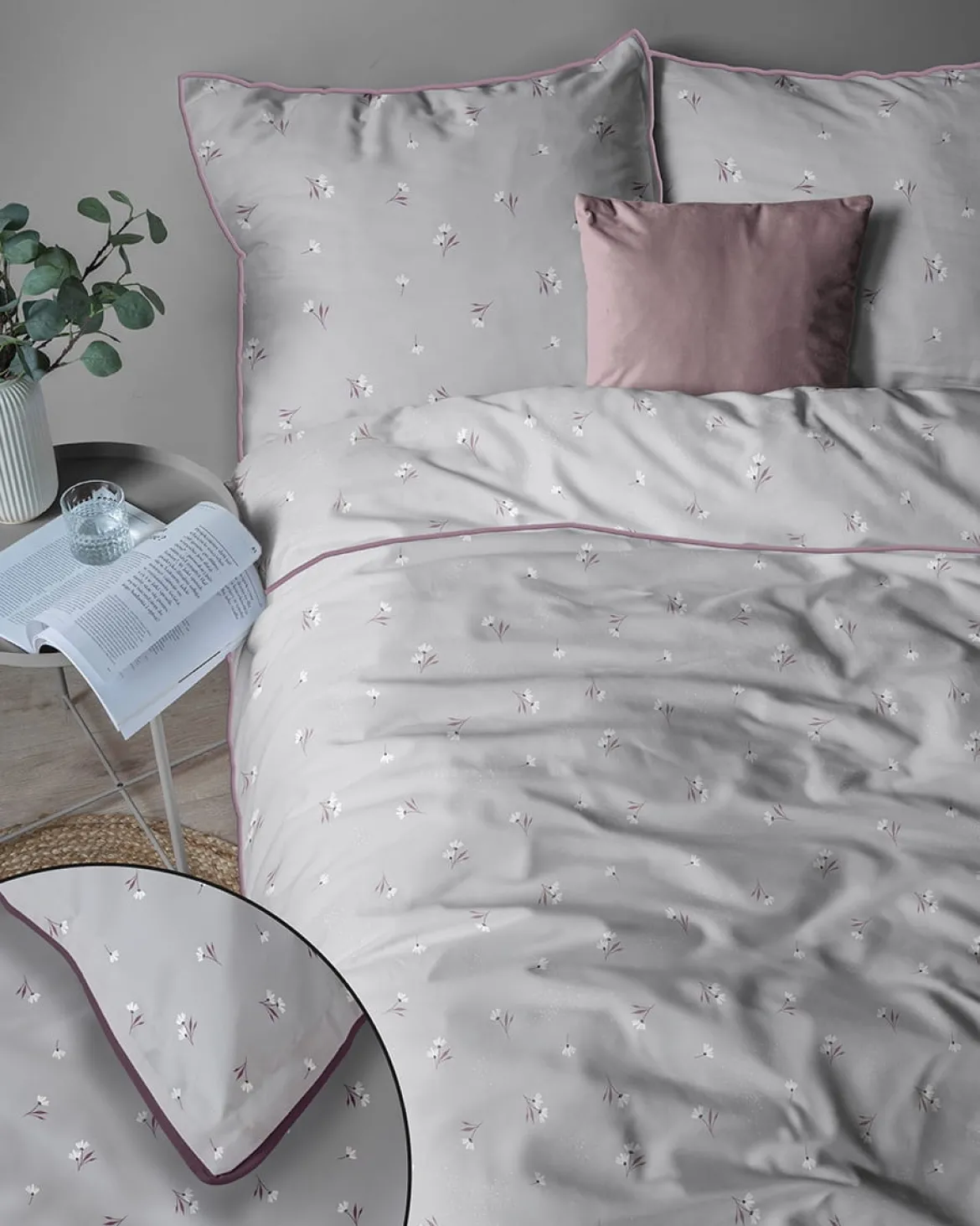 Pościel z perkalu popielata 220x200 Drobne Stokrotki Lame Percale