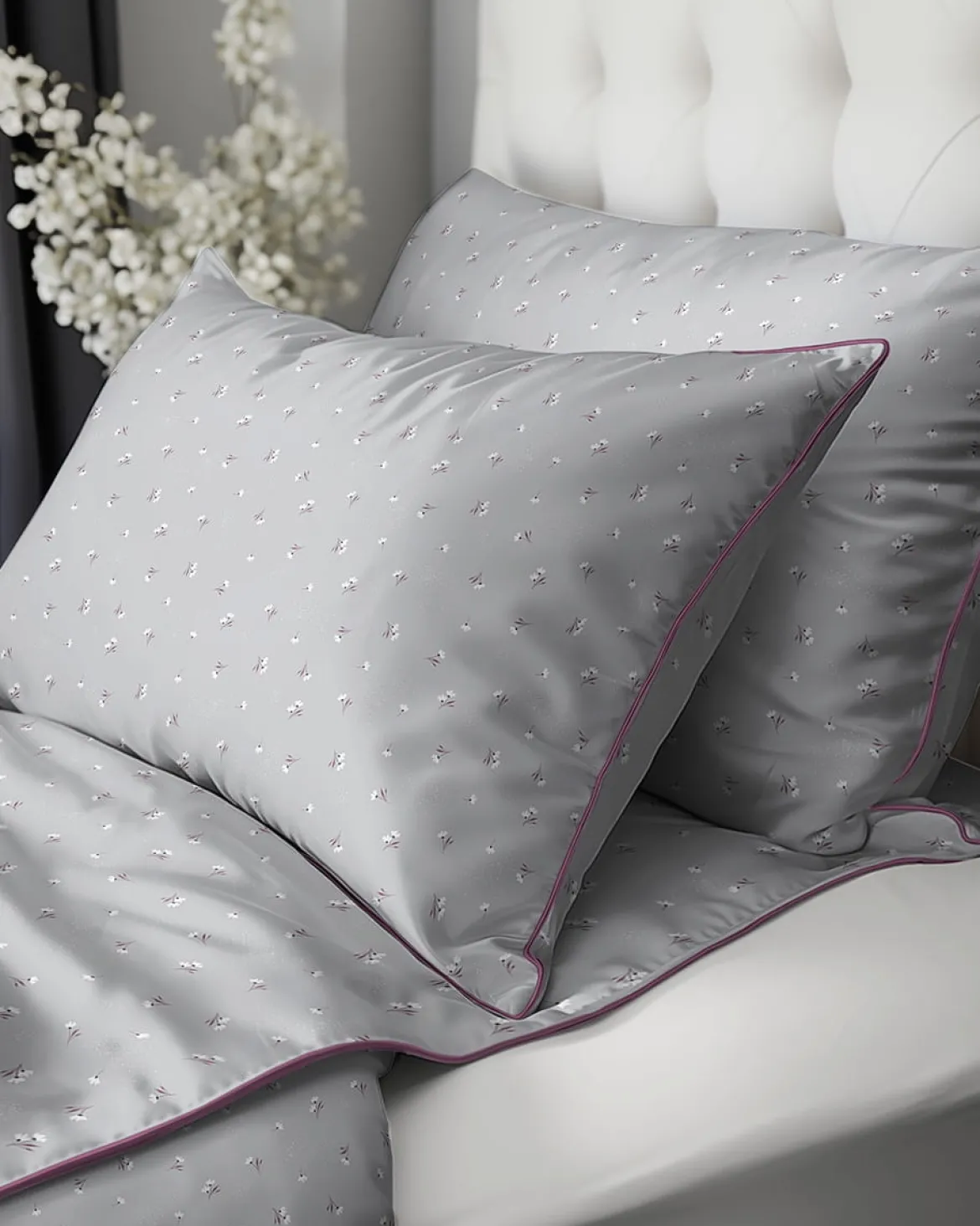 Pościel z perkalu popielata 220x200 Drobne Stokrotki Lame Percale
