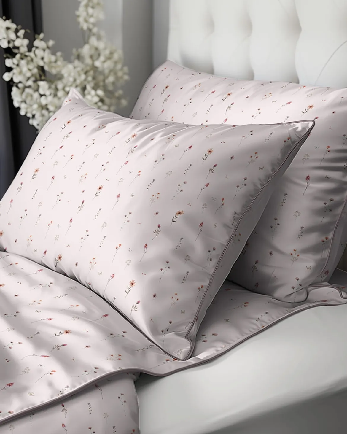 Pościel z perkalu pudrowa 160x200 Polne Kwiaty Lame Percale