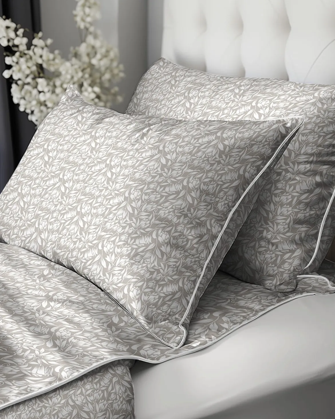 Pościel z perkalu 160x200 Beżowa w Kwiaty Lame Percale