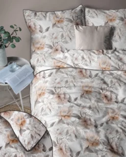 Pościel z perkalu 160x200 Brzoskwiniowe Kwiaty Piwonii Lame Percale