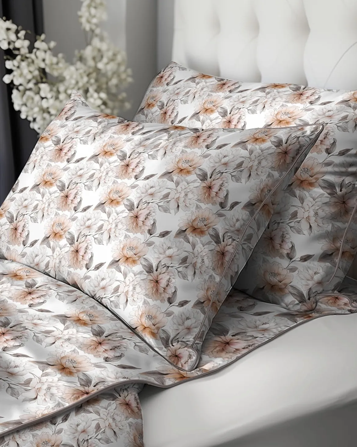 Pościel z perkalu 160x200 Brzoskwiniowe Kwiaty Piwonii Lame Percale