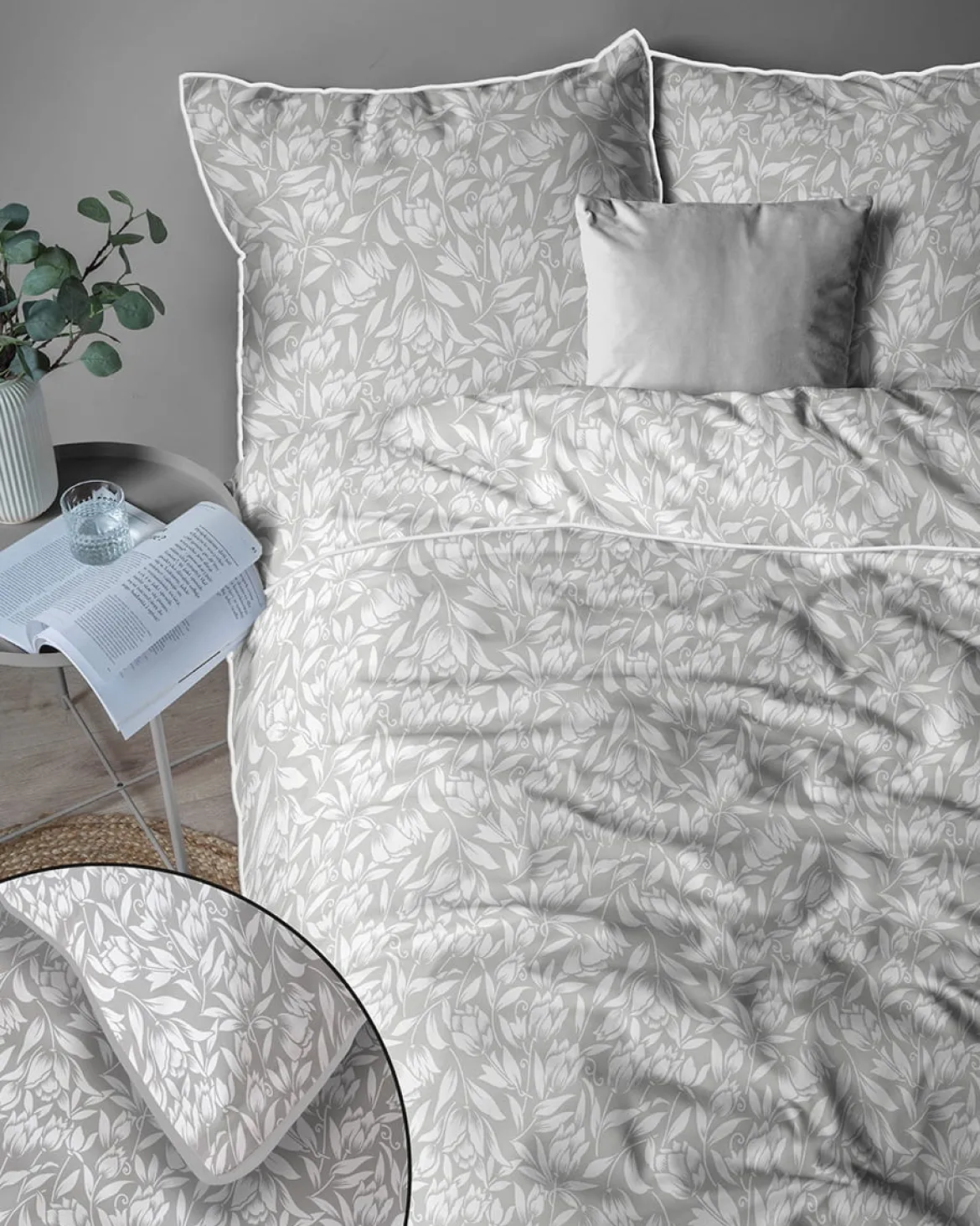 Pościel z perkalu 220x200 Popielata w Kwiaty Lame Percale