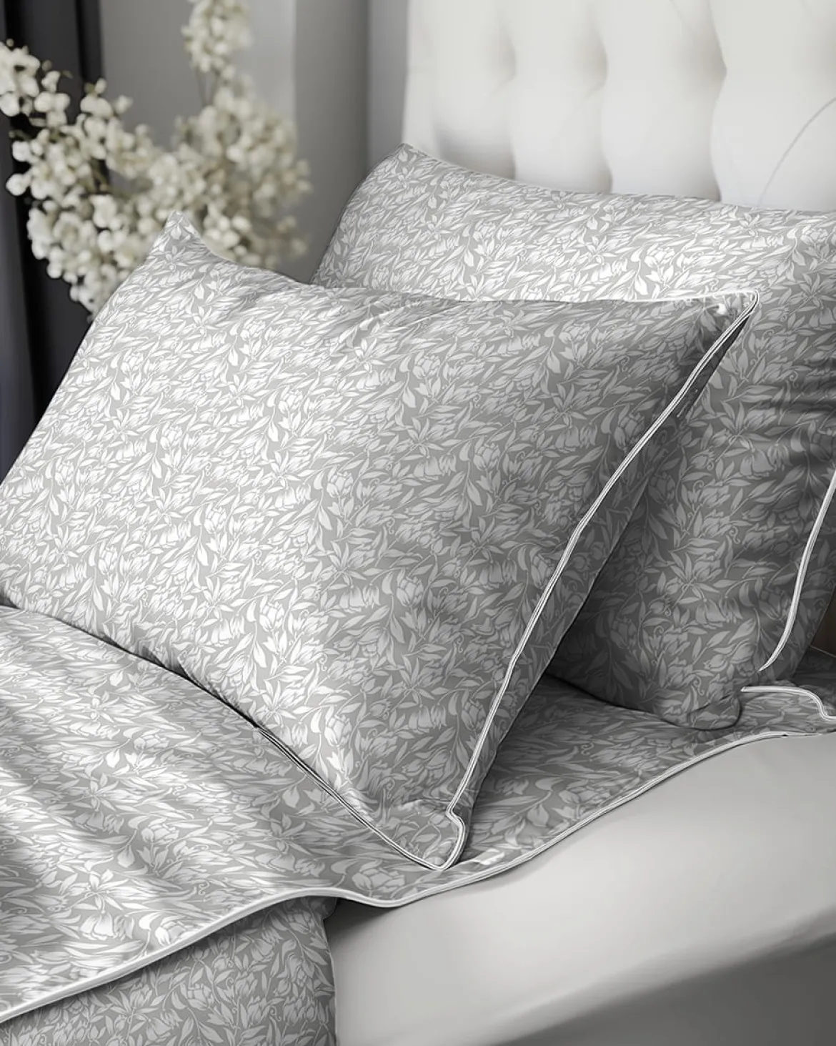 Pościel z perkalu 220x200 Popielata w Kwiaty Lame Percale