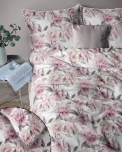 Pościel z perkalu 220x200 Różowe Kwiaty Piwonii Lame Percale