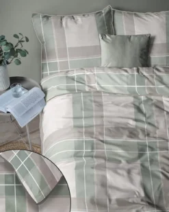 Pościel z perkalu 220x200 Szaro Zielono Beżowa Krata Lame Percale