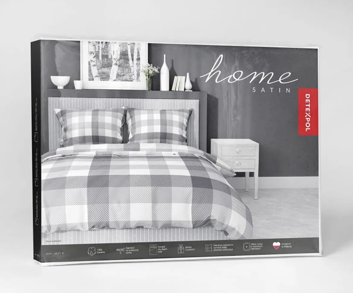 Pościel z satyny bawełnianej szaro biała 180x200 Home Satin kratka