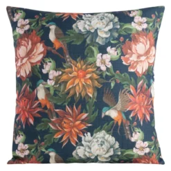 Poszewka dekoracyjna granatowa Flore 45x45 w kwiaty i ptaszki
