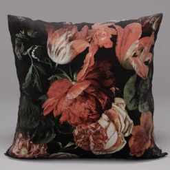Poszewka dekoracyjna velvet czarno pomarańczowa Tulipa 40x40 w kwiaty