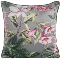 Poszewka dekoracyjna velvet stalowa 45x45 w różowe kwiaty