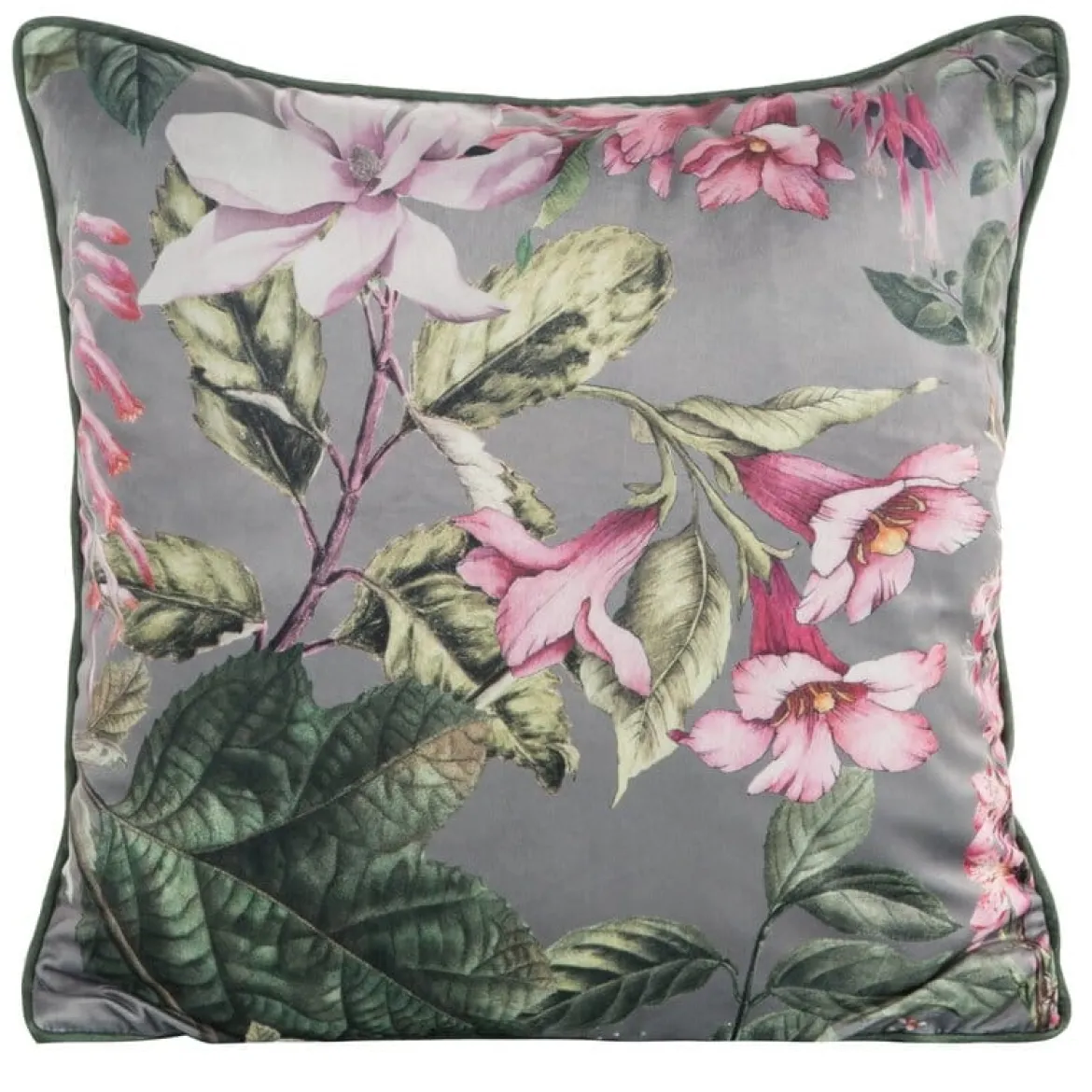 Poszewka dekoracyjna velvet stalowa 45x45 w różowe kwiaty