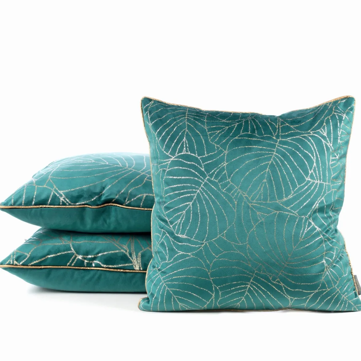 Poszewka LC velvet ciemno turkusowo złota 45x45 Lili liście